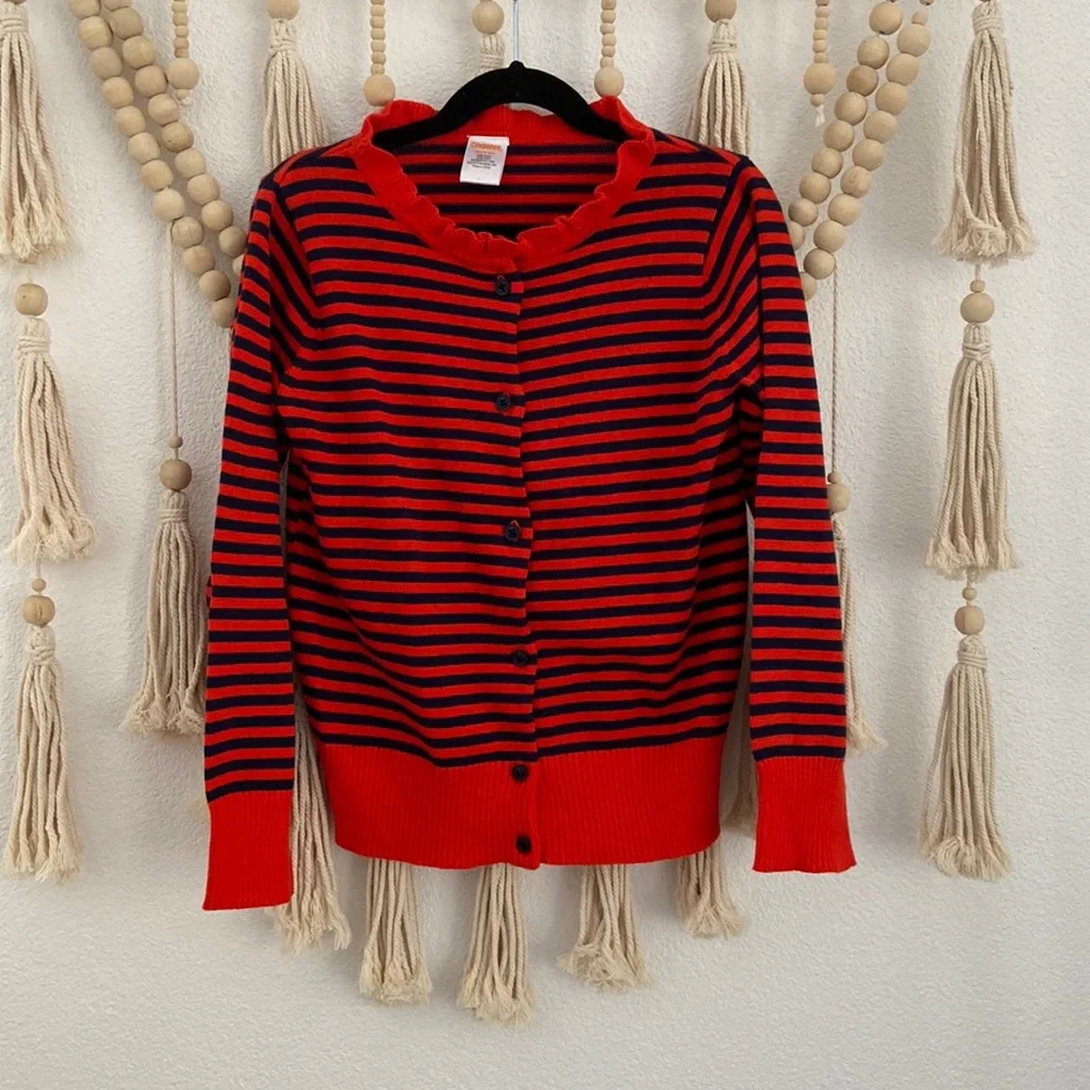 Gymboree girls striped sweater orange red and navy blue ruffle neck size M 7/8